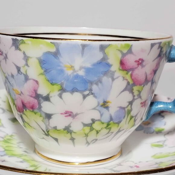 Crown Staffordshire Teacup and Saucer Pink Blue Flowers - Picture 3 of 10